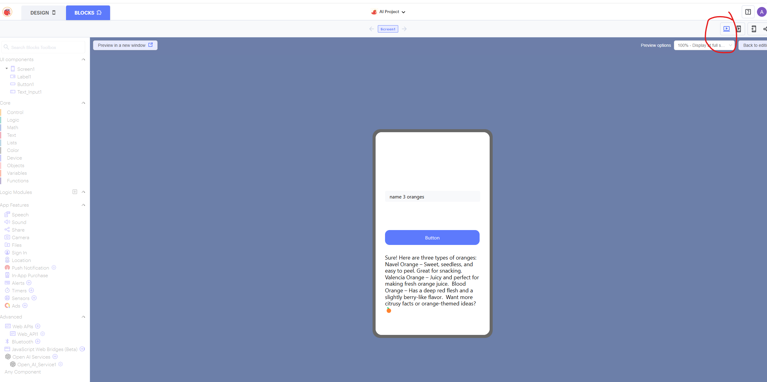 Screenshot showing AI chatbot app working in Thunkable