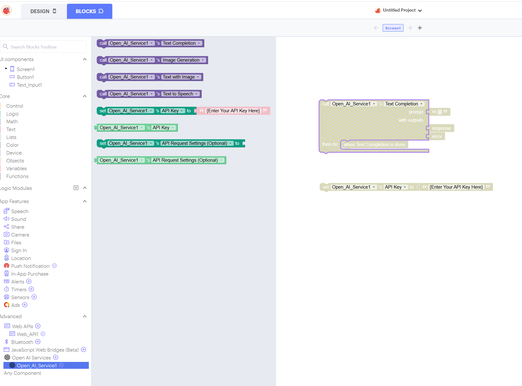Screenshot showing Thunkable OpenAI Services block