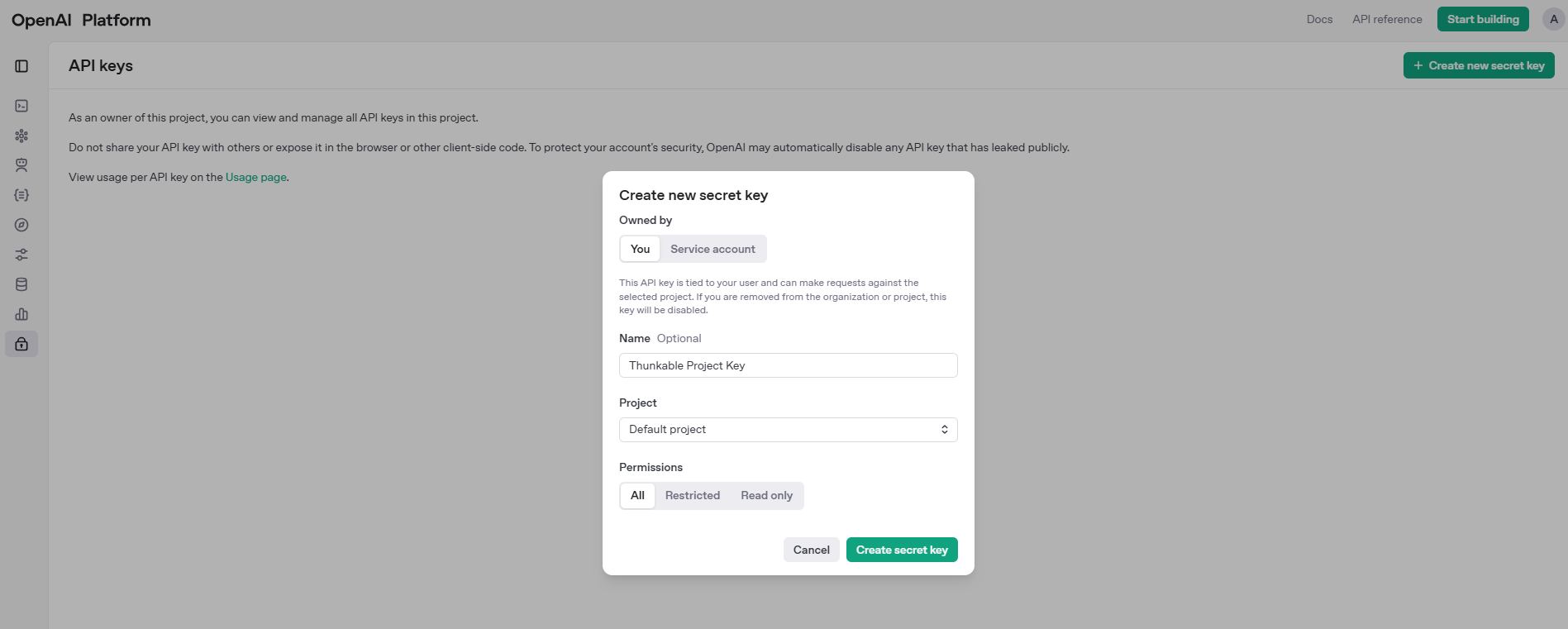 Screenshot showing where to create and copy your OpenAI API key