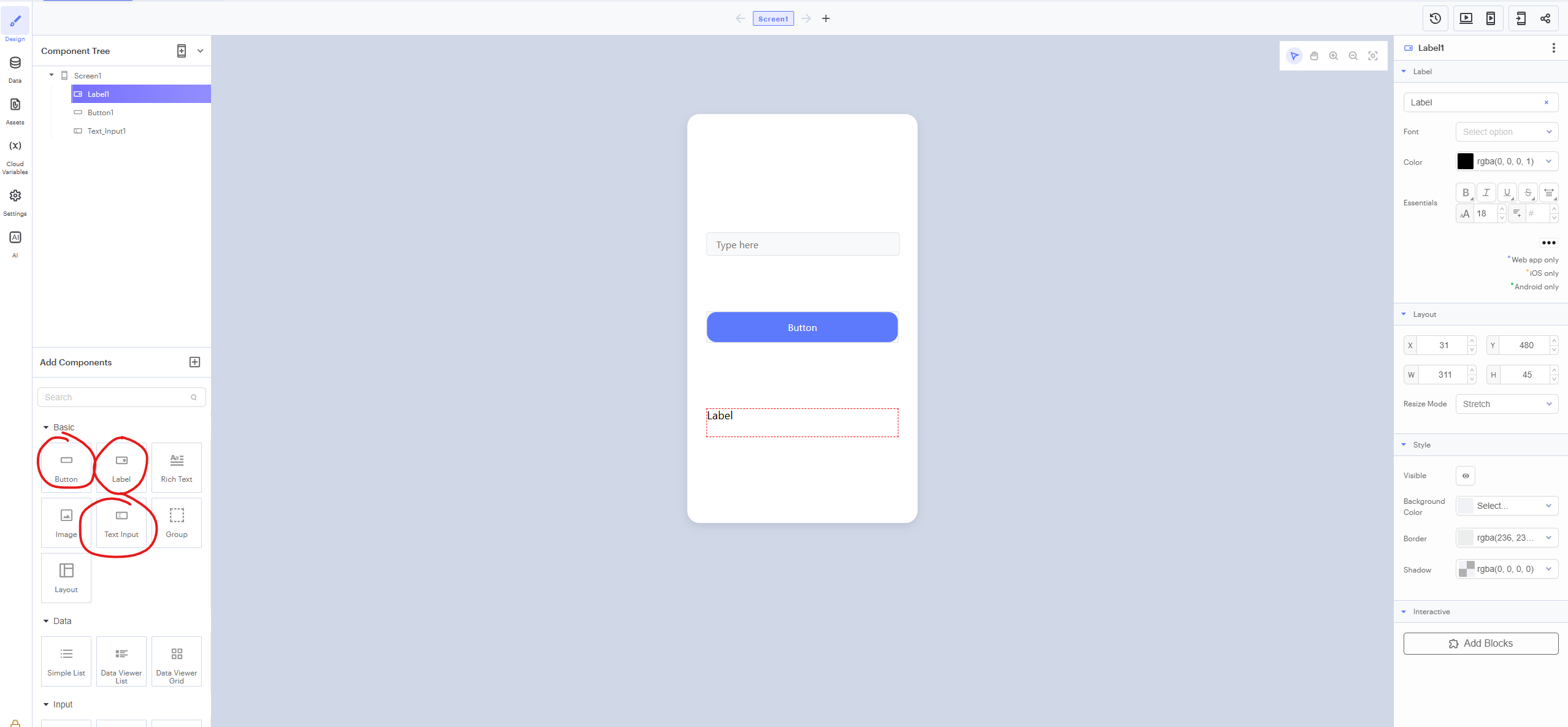 Screenshot showing text input and button added in Thunkable